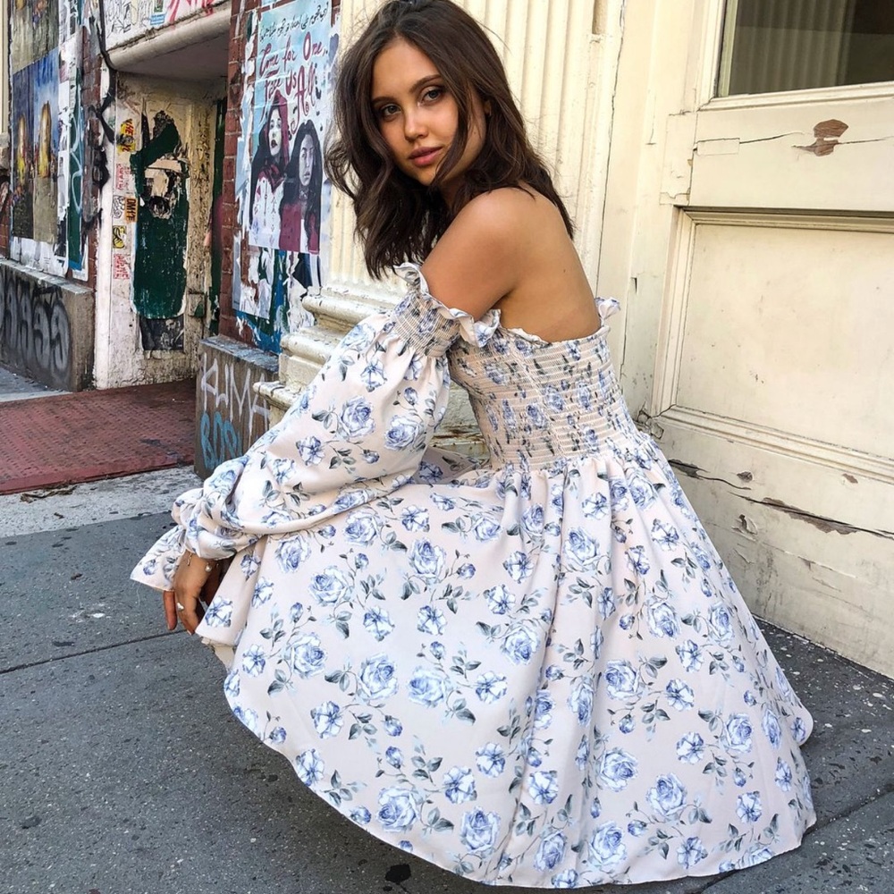 Storets beige with blue flowers off shoulder dress 2